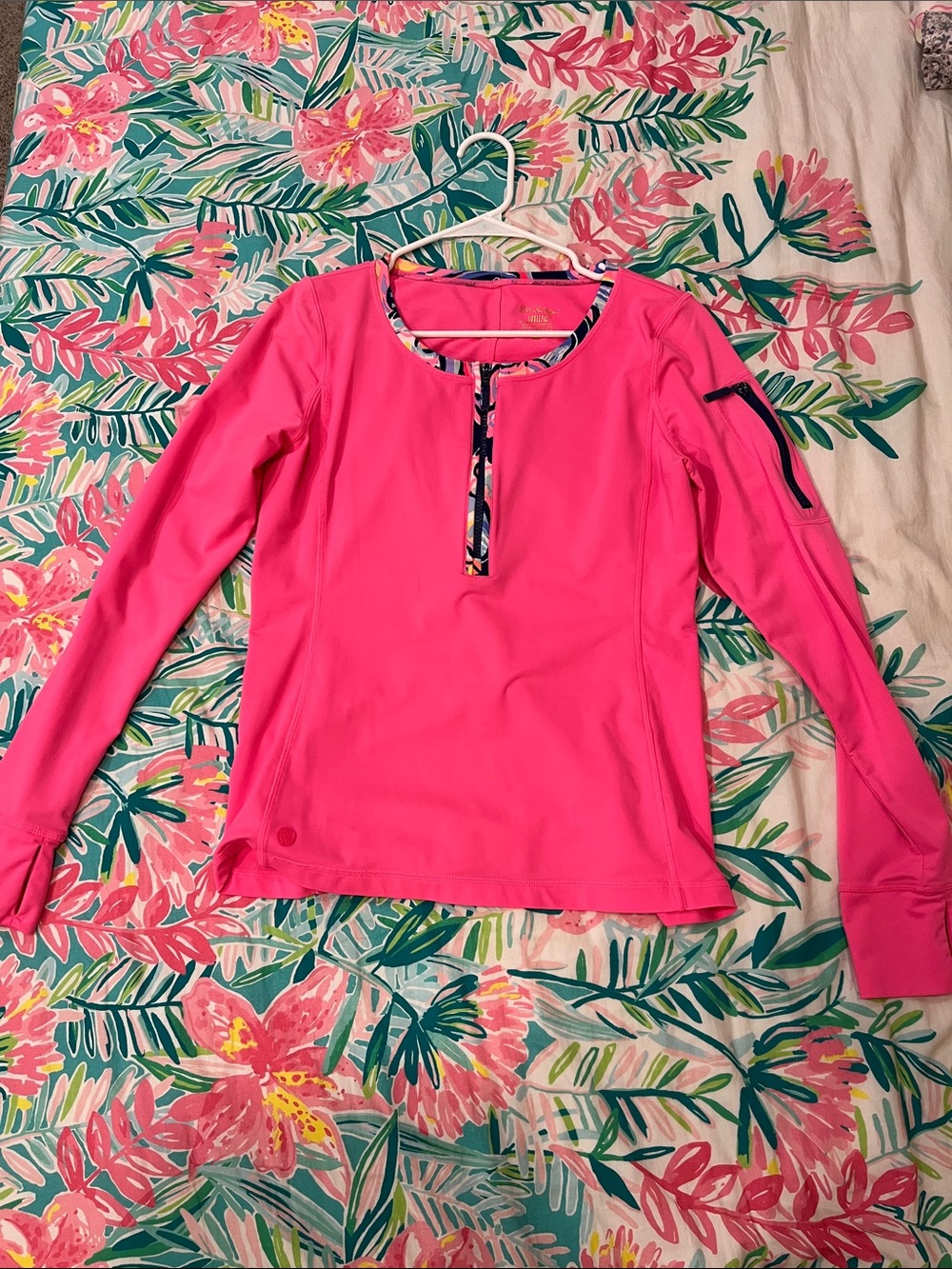 Lilly Pulitzer Hot Pink Long Sleeve Performance Top with Printed Trim